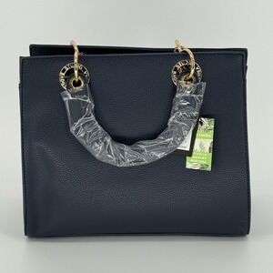 Studio Badgley Mischka Navy Vegan Leather Satchel Bag Top Handle Charm $129